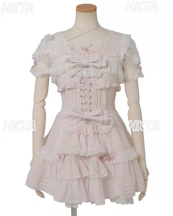 

Japanese Sweet Cute Lolita Short-sleeve Dress Women Girls New Summer Slimming Height-enhancing Ruffle Trim Bow Mini Liz Dress