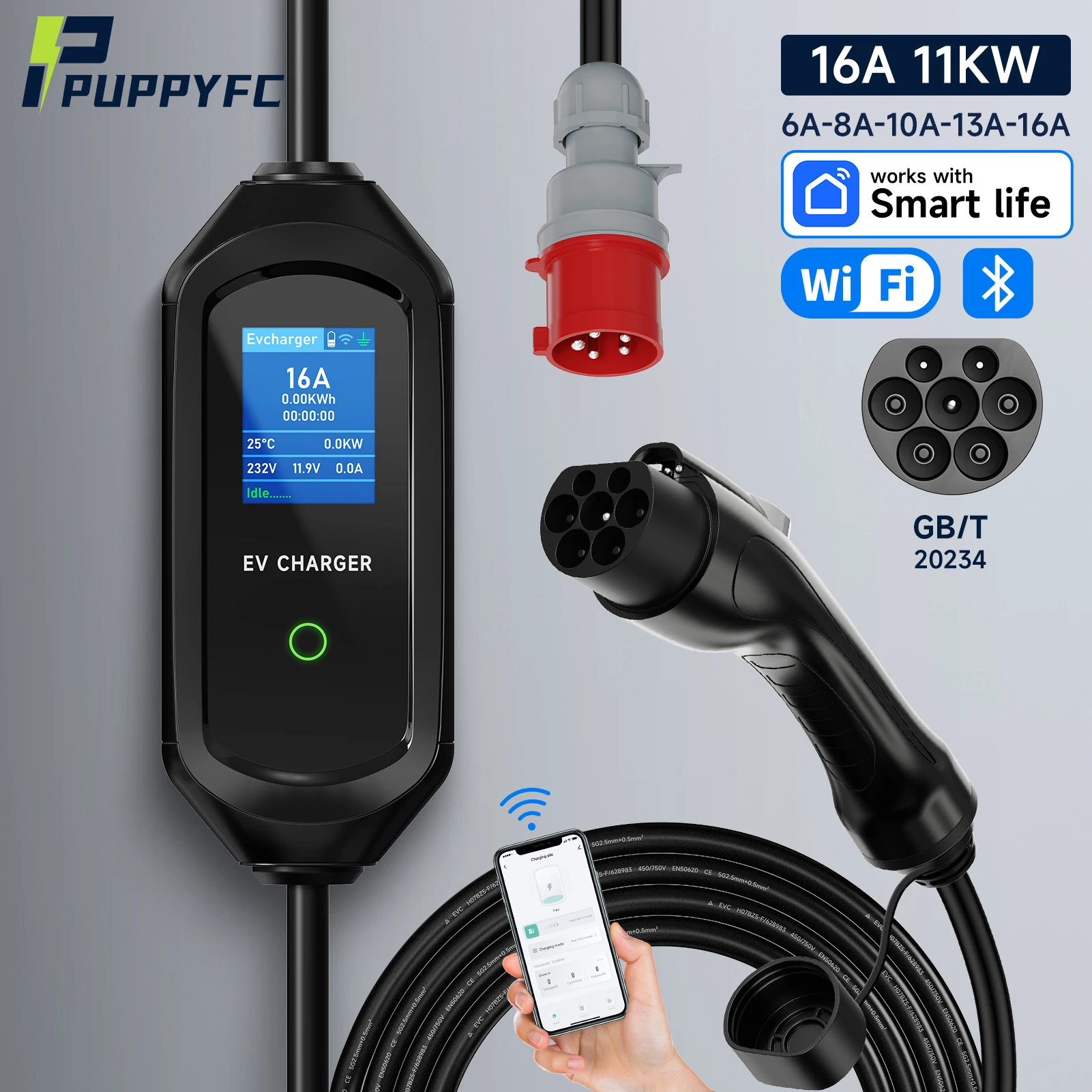 

Puppyfc 11KW 16A Portable EV Charger GBT 3Phase Wallbox EVSE Fast Charging CEE Plug WiFi APP Bluetooth Remote Control