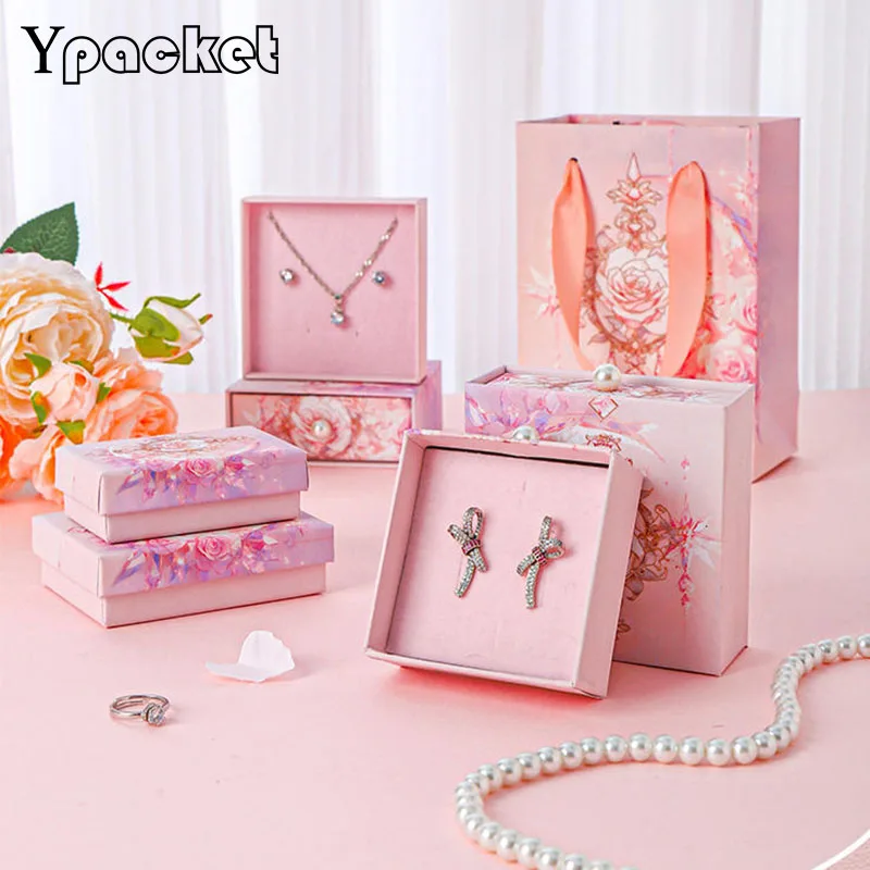 

48Pc/Lot Paper Boxes For Jewelry Pink Jewelry Boxes Ring Earring Pendant Necklace Boxes Jewellery Organizer Box Gift Bags