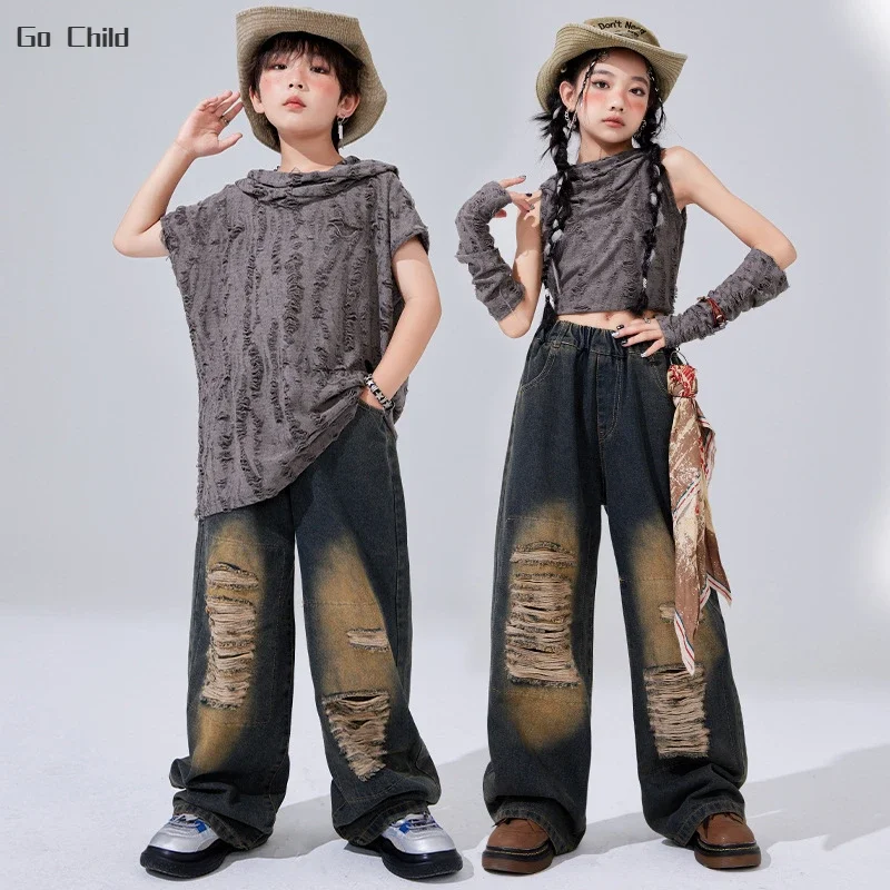 Boys Hip Hop Wasteland Punk Hoodies Ripped Denim Pants Girls Crop Top Jeans Child Streetwear Costume Kids Jazz K-pop Clothes Set