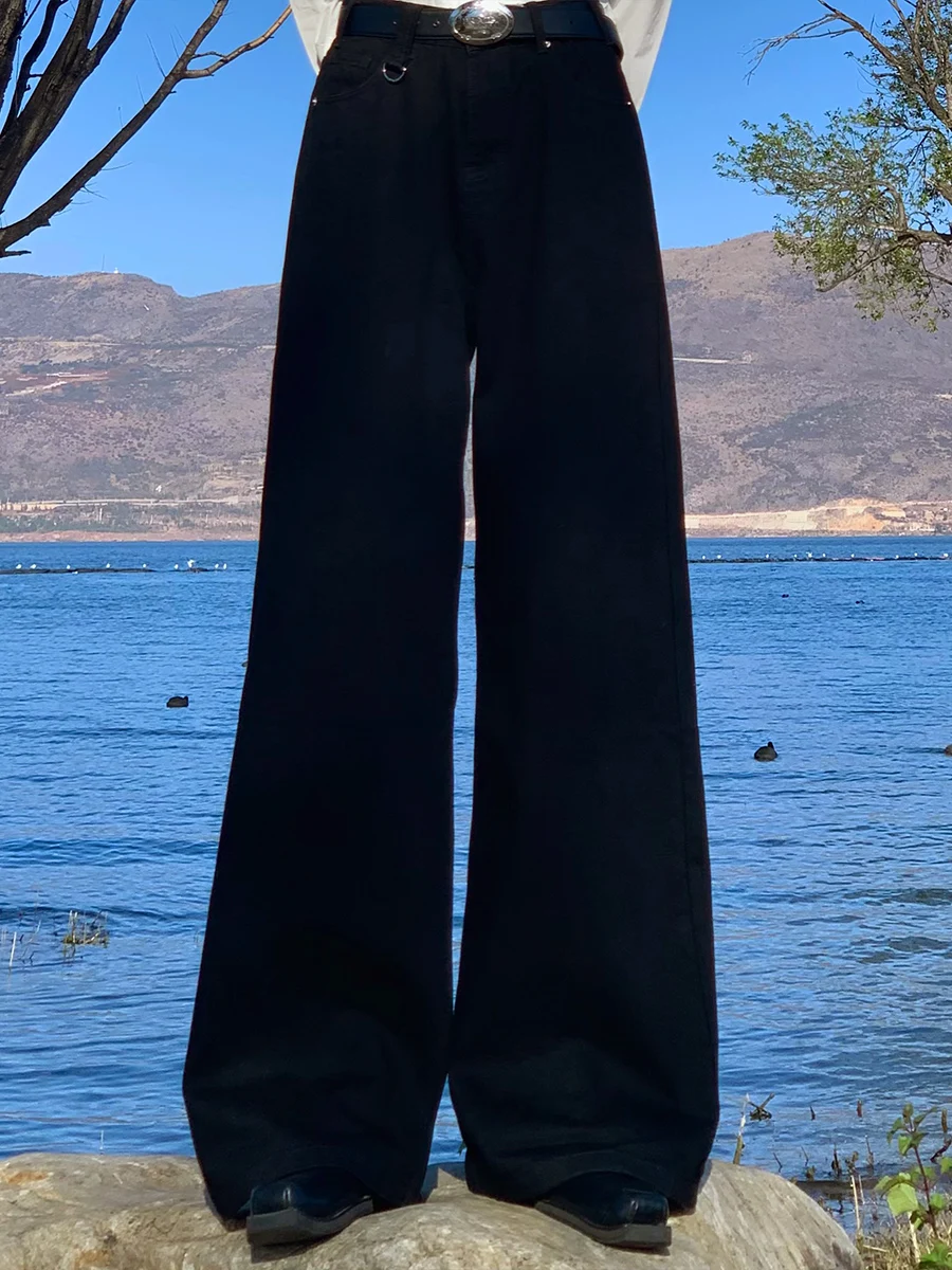 

American High Street Vintage Black Men's Jeans Loose Straight Leg Wide Leg Casual Floor-Length Pants Casual Loose Fit