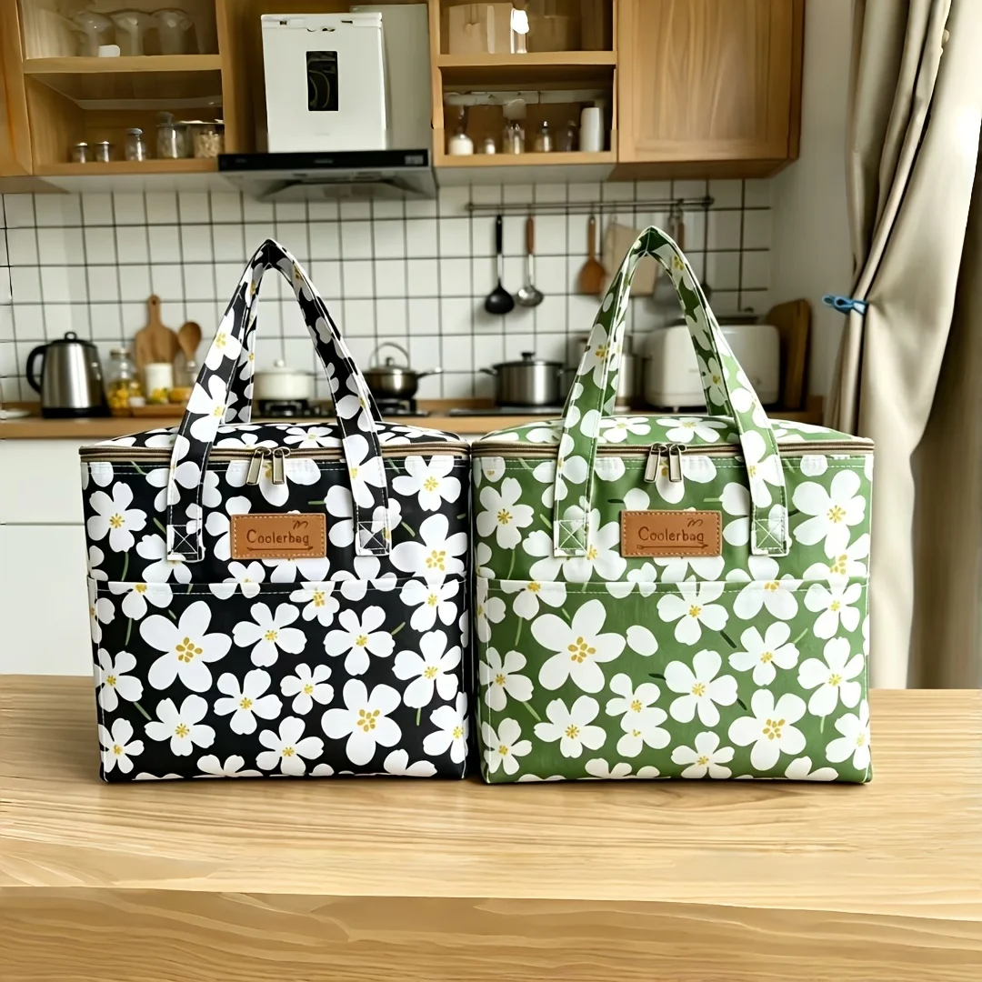 Printed Oxford Cloth Pocket Large Capacity Insulated Tote Portable Multi Functional Reusable Storage Commute Outdoor Contact Use