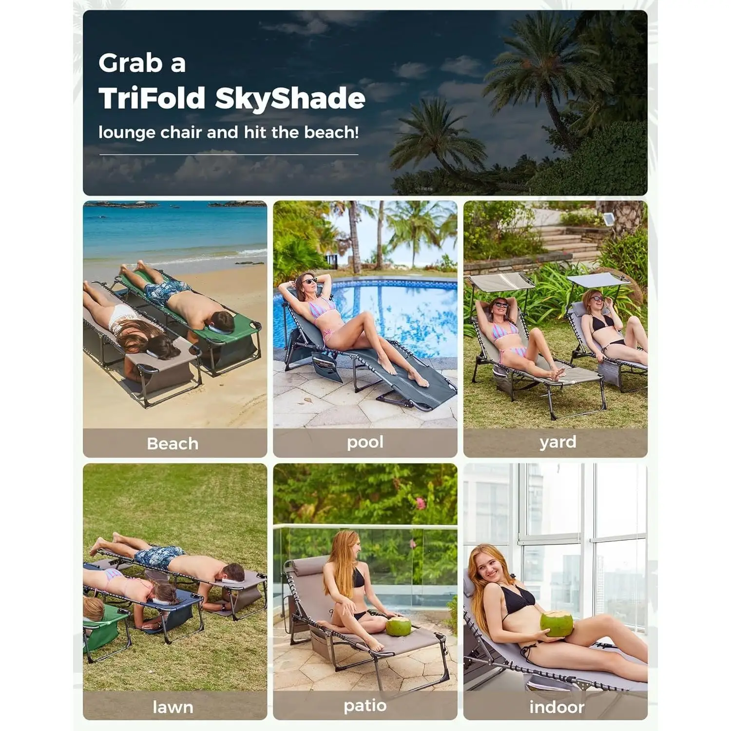 2 Pack Lounge Chair Outdoor with Canopy & Face Hole, Adjustable 5-Position Folding Chaise Tanning Recliner Portable ComfyChaiser