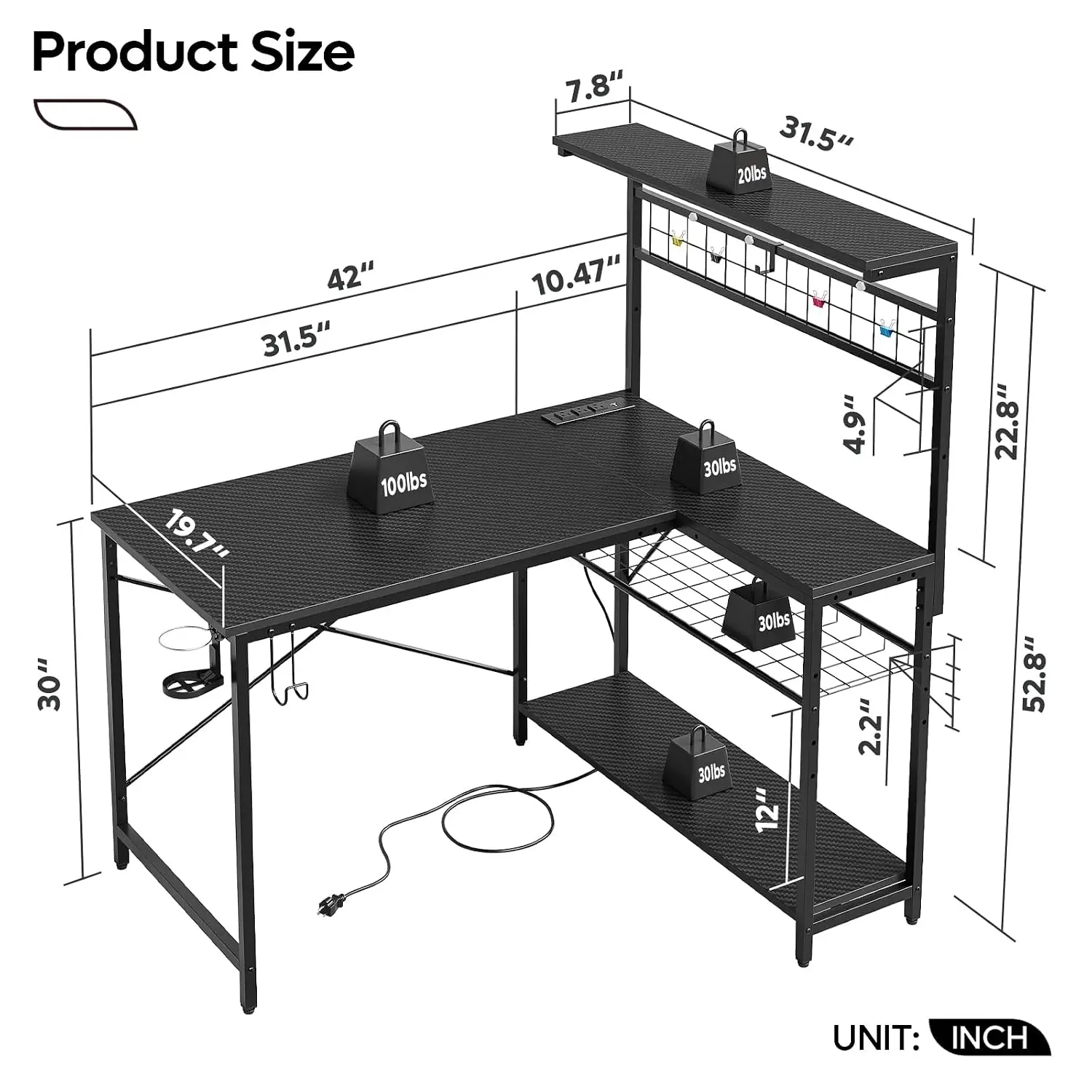 L-Shaped Gaming Desk with Power Outlets & LED Lights, Reversible, 4-Tier Storage, Headphone & Cup Holder, 42 Inch, Customized