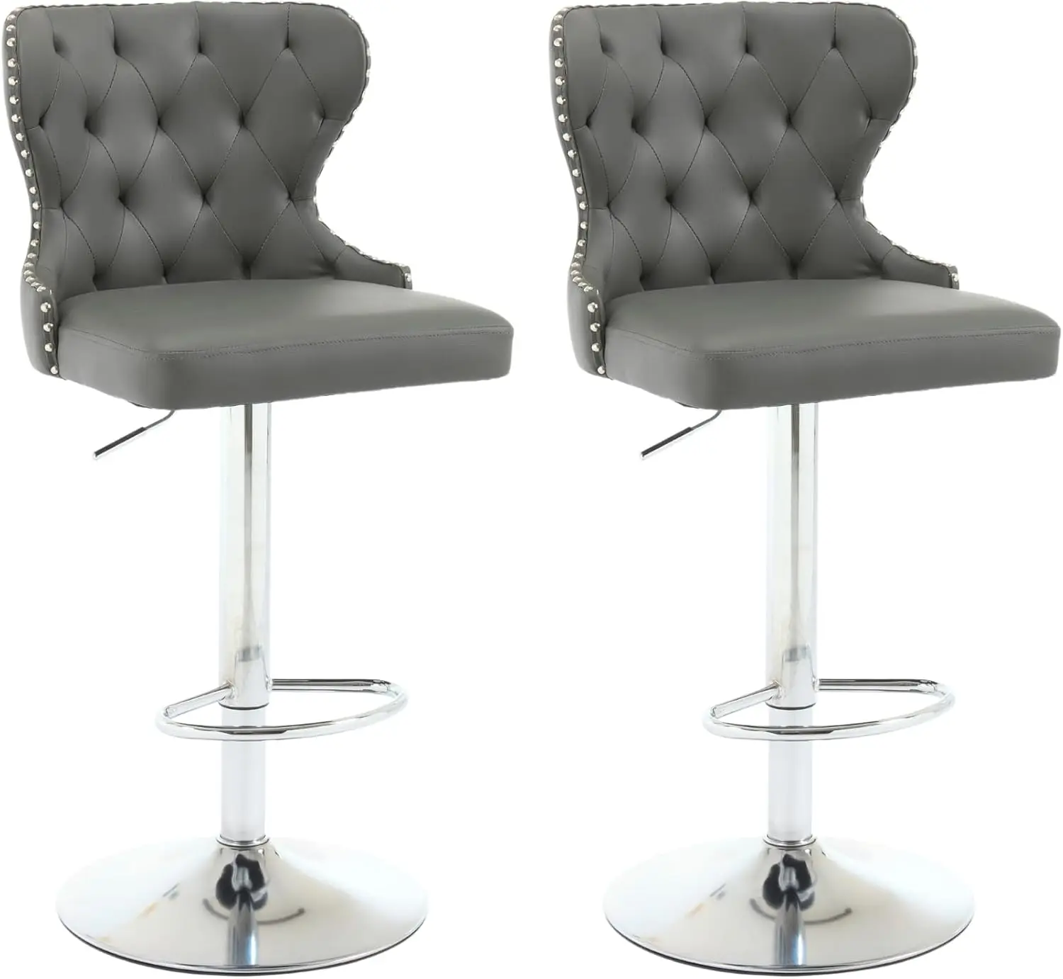 

Set of 2 Adjustable Swivel Bar Stools,PU Leather Upholstered Counter Height Chairs with Nailhead Trim, Silver Footrest