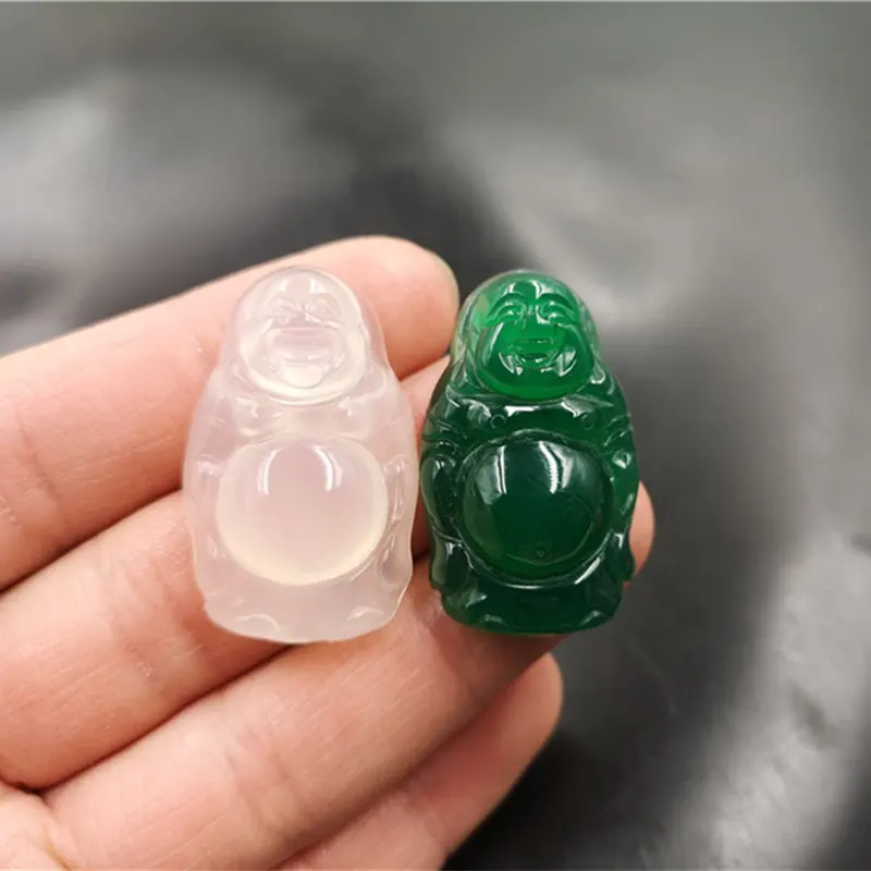 Engraved White Agate Maitreya Standing Female Green Chalcedony Laughing Buddha