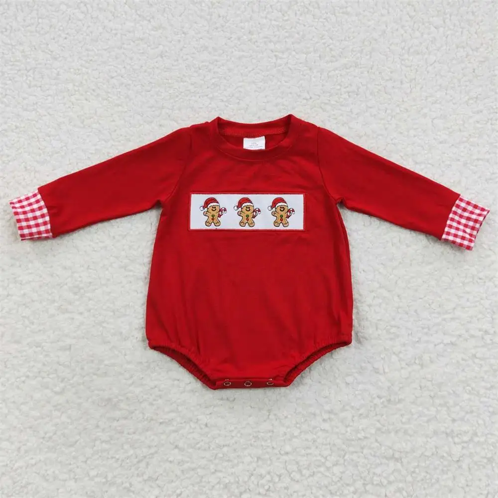 

Wholesale Baby Boy Embroidery Christmas Toddler Romper Newborn Infant Children Snap Button Kids Gingerbread Candy Red Jumpsuit