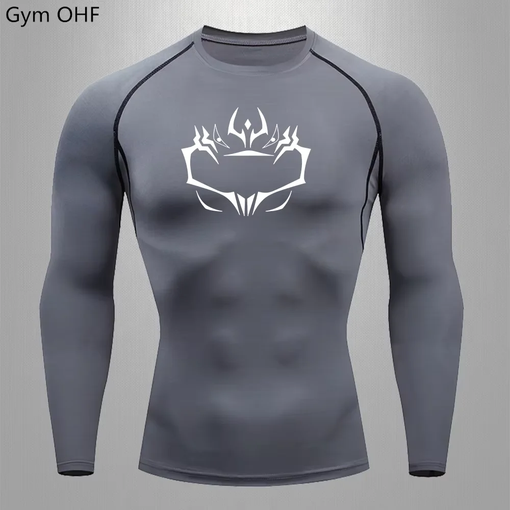 Camiseta para hombre con estampado de anillo para la cabeza, medias deportivas de secado rápido para gimnasio, entrenamiento físico, ropa deportiva para correr, camiseta de manga larga a la moda para MMA