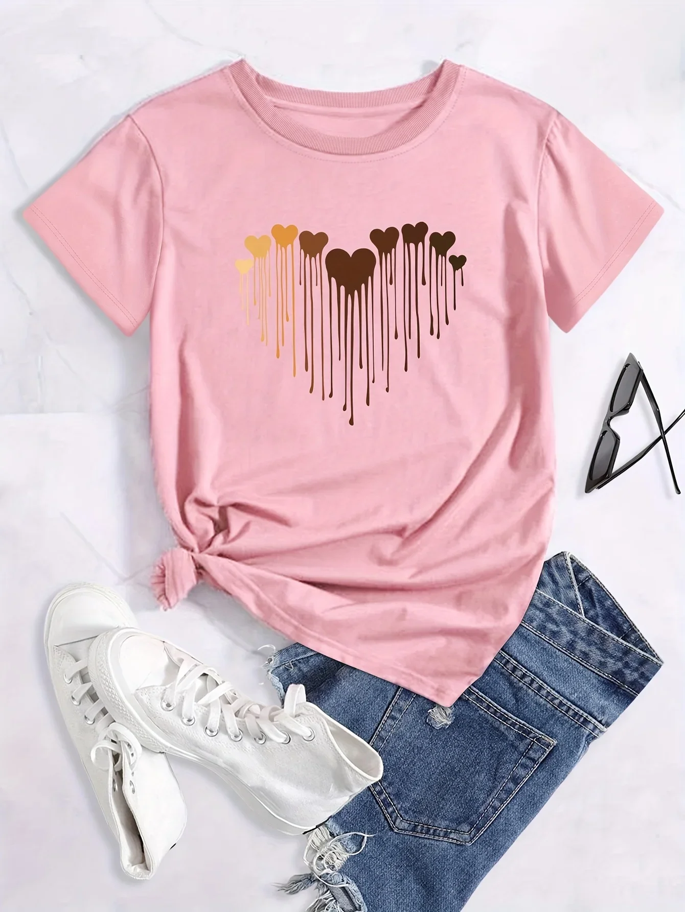 T-shirt décontracté pour femmes avec motif d'amour, décontracté, Chic, imprimé géométrique, col rond, manches courtes, Style urbain, haut imprimé Y2K