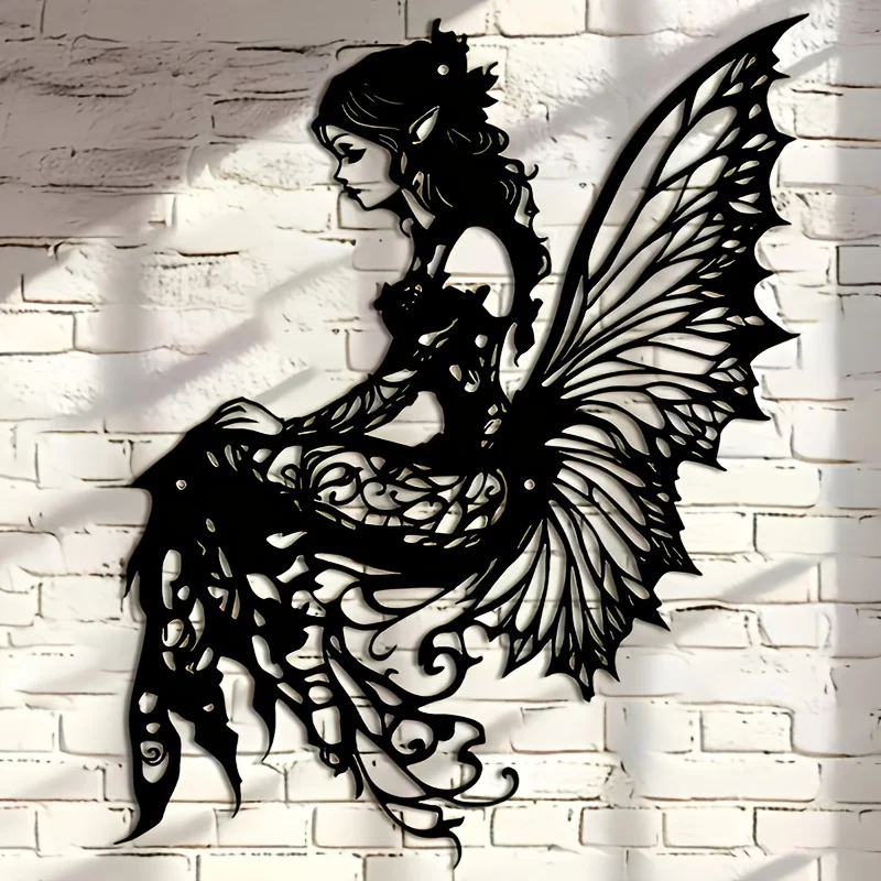 1 pièce Sculpture murale en métal Elfe Enchantant, Ailes de papillon complexes, Décoration artistique en fer pour Jardin, Salon, Extérieur