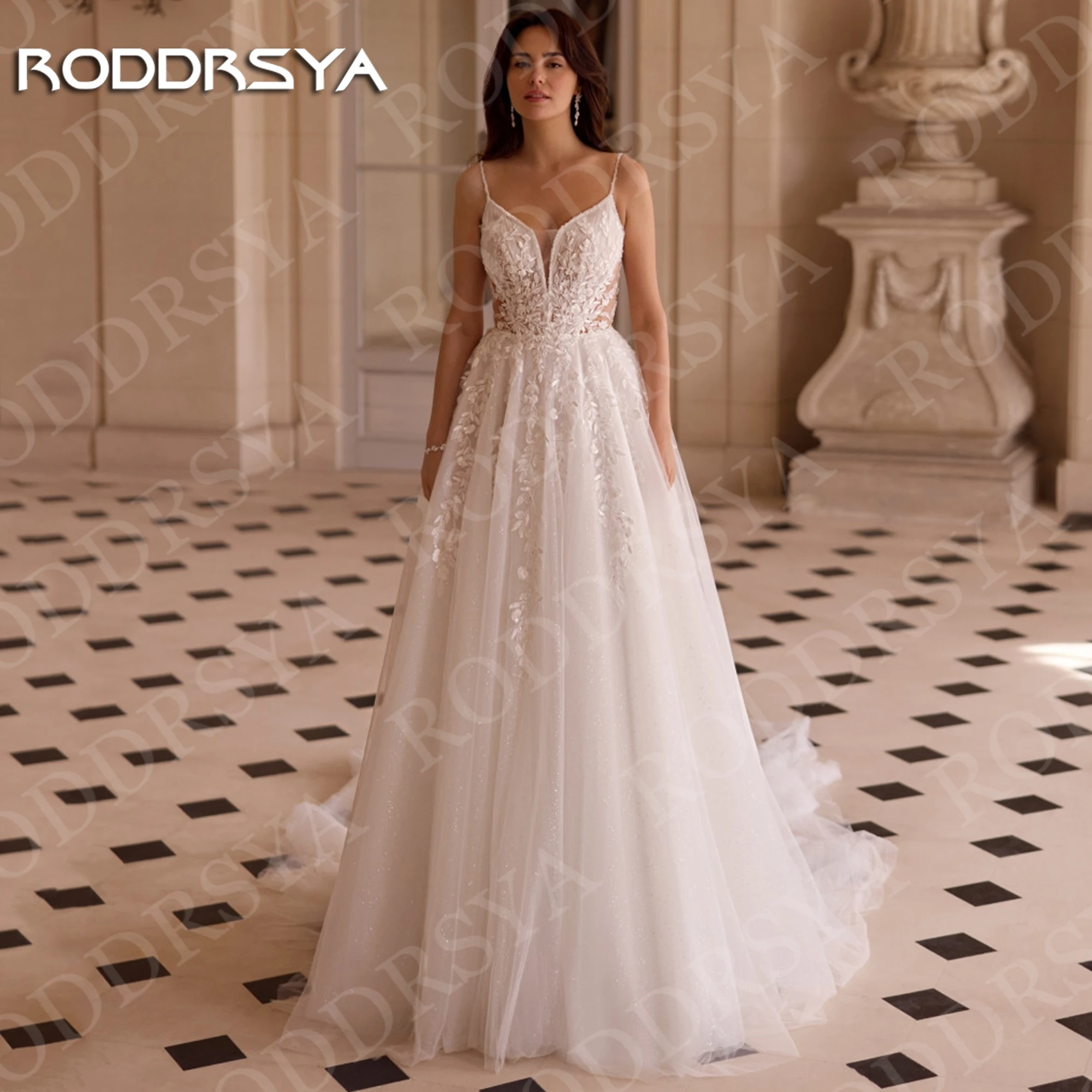 RODDRSYA Spaghetti Strap Wedding Dress Glitter Tulle V Neck Applique A Line Boho Bride Dresses Backless Customized vestido novia