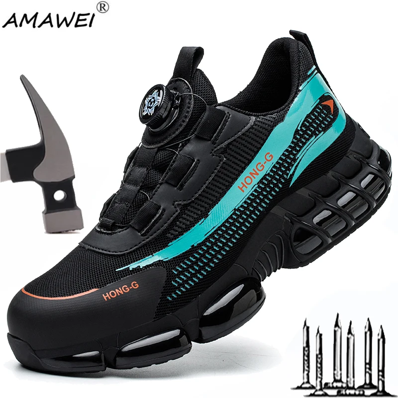 

AMAWEI Men women Rotary Buckle Work Sneakers Protective Shoes Lightweight Safety Shoes Puncture-Proof Anti-smash Steel Toe Shoes