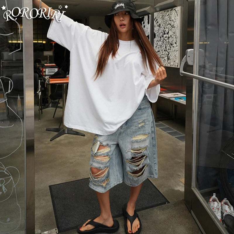 

RORORIRI шикарные потертые джинсовые шорты женские капри с высокой талией и широкими штанинами для уличной одежды модная одежда до колена Gyaru