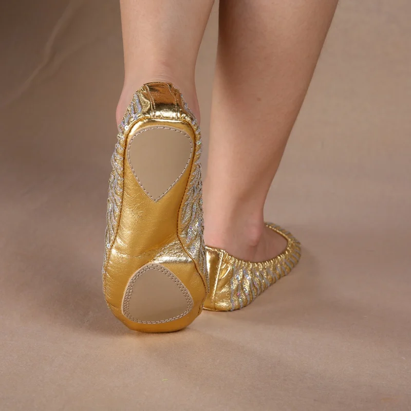 Frauen Tanz schuhe Gold flache Ballett Gymnastik Tanz schuhe Bühne Bauchtanz Pailletten Schuhe