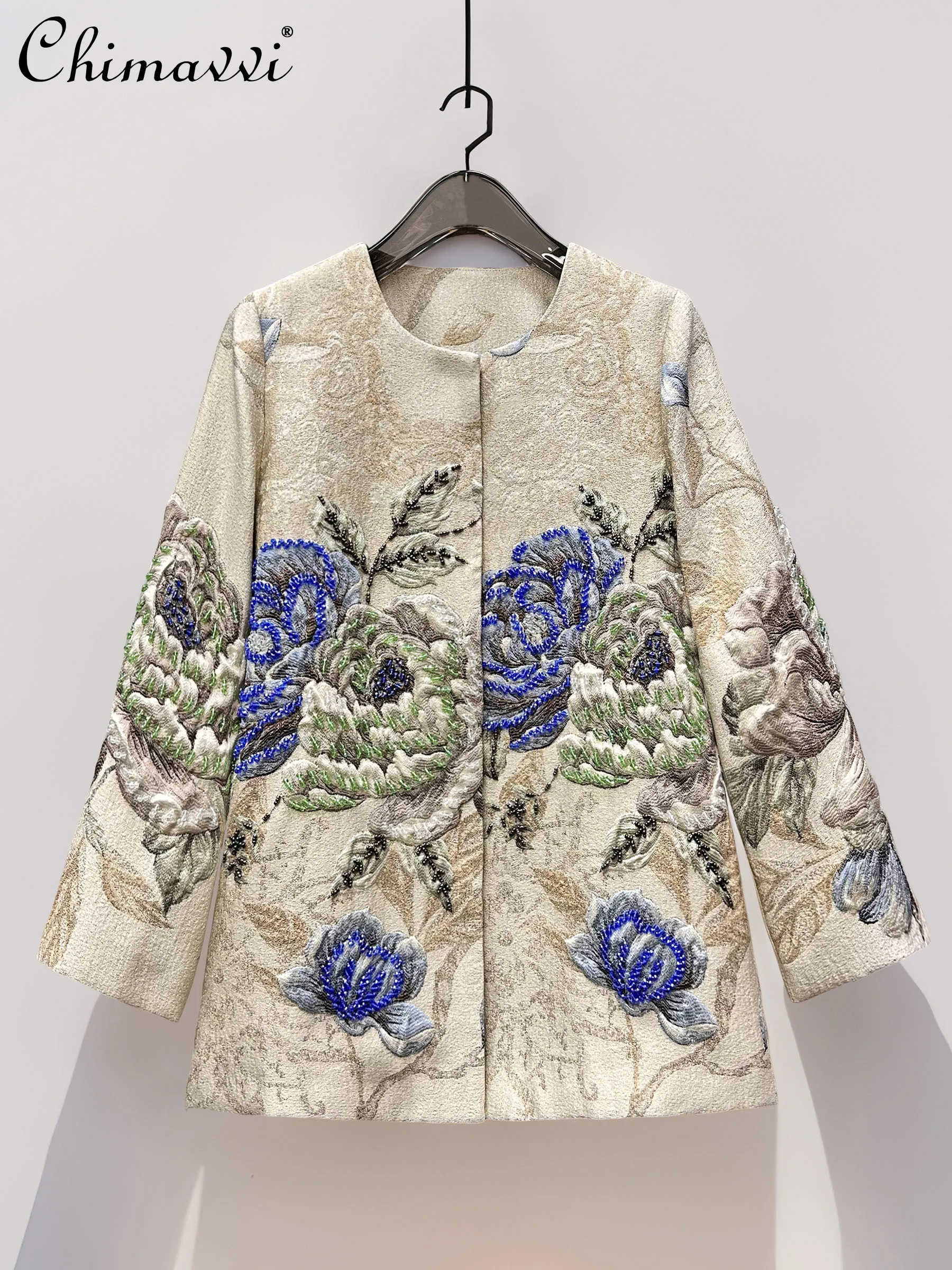 

New Chinese Style High-End Elegant Outerwear Coats Round Neck Long Sleeve Heavy Industry Beading Jacquard Jackets Women Autumn