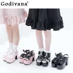 Summer Sandals Japanese Style Rhinestone Bead Chain Lolita Shoes Student Height Increasing Platform Shoes Chunky Heels Pumps