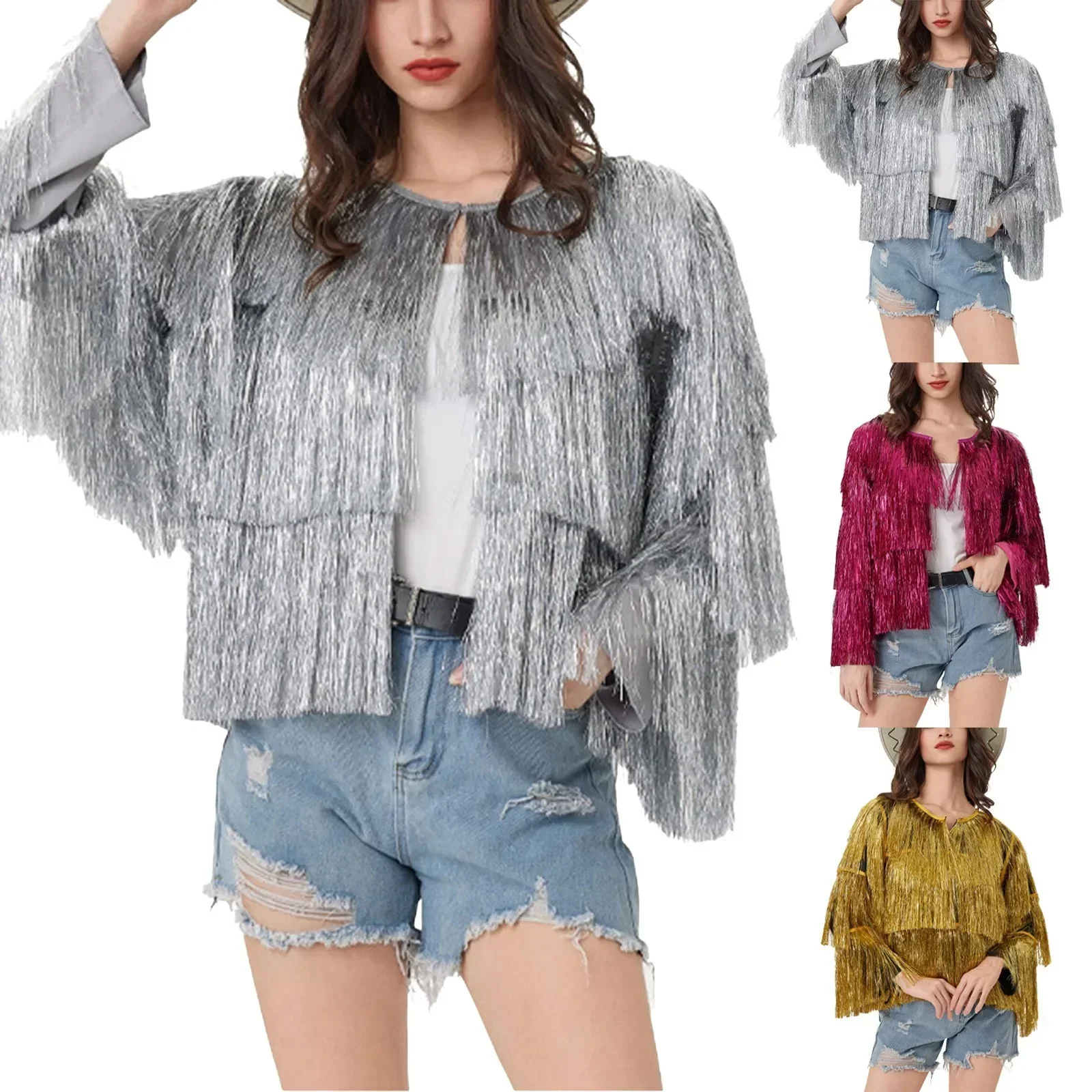 Women's sequin sparkling diamond hip-hop long sleeved tassel zipper jacket for club wear, women's street style outerwear jacket