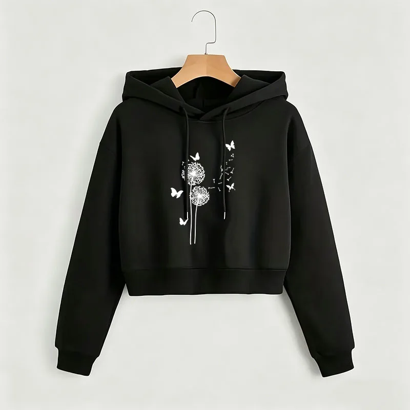 

Dandelion with Butterfly Print Cropped Sweatshirt Crop Top Hoodie Y2k Sweatshirts Gothic Casual Style Clothes