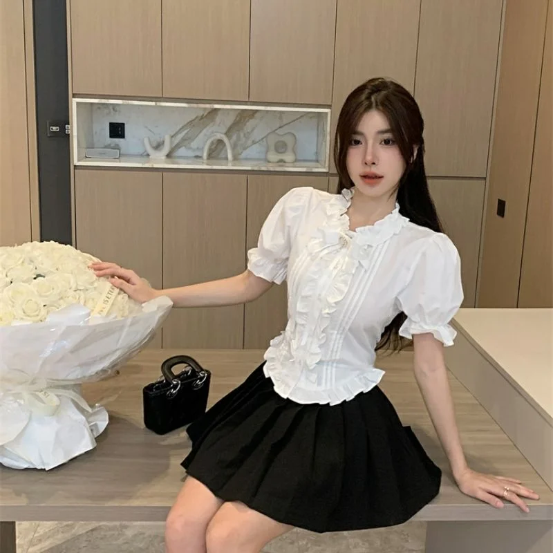 เสื้อเชิ้ตแขนสั้นผูกโบว์ ดีไซน์สำหรับผู้หญิง ชายเสื้อทรงฟองจ์ ทรงเข้ารูป