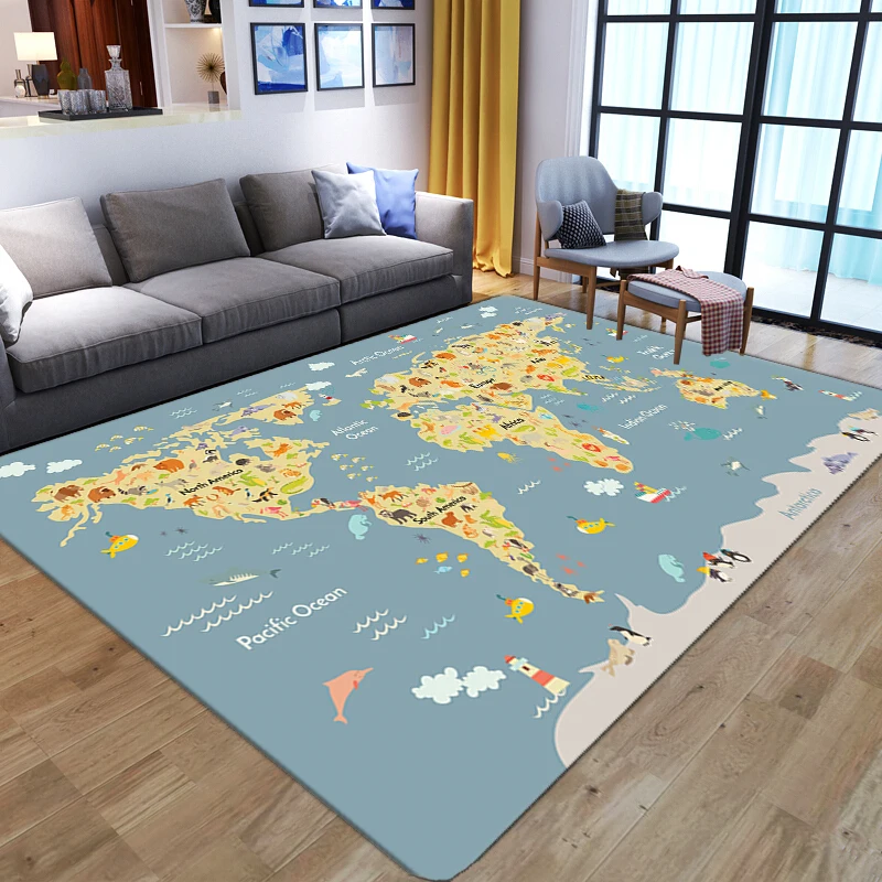 Cartoon World Map Rugs Living Room Large Soft Flannel Carpets Children Bedroom Decor Bedside Floor Mats Hallway Entrance Doormat