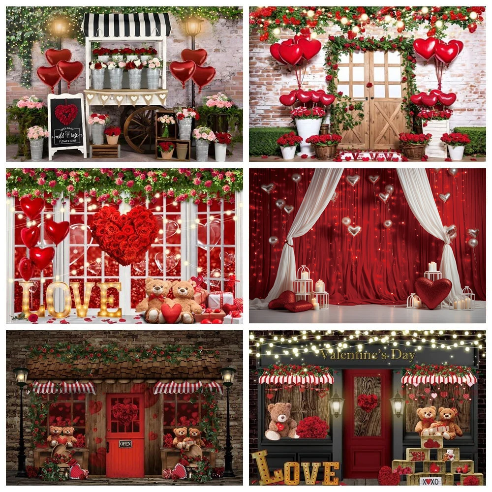 

Valentine's Day Backdrop for Photography Romantic Red Rose Love Heart Brick Wall Valentine Store Flower Wedding Photo Background