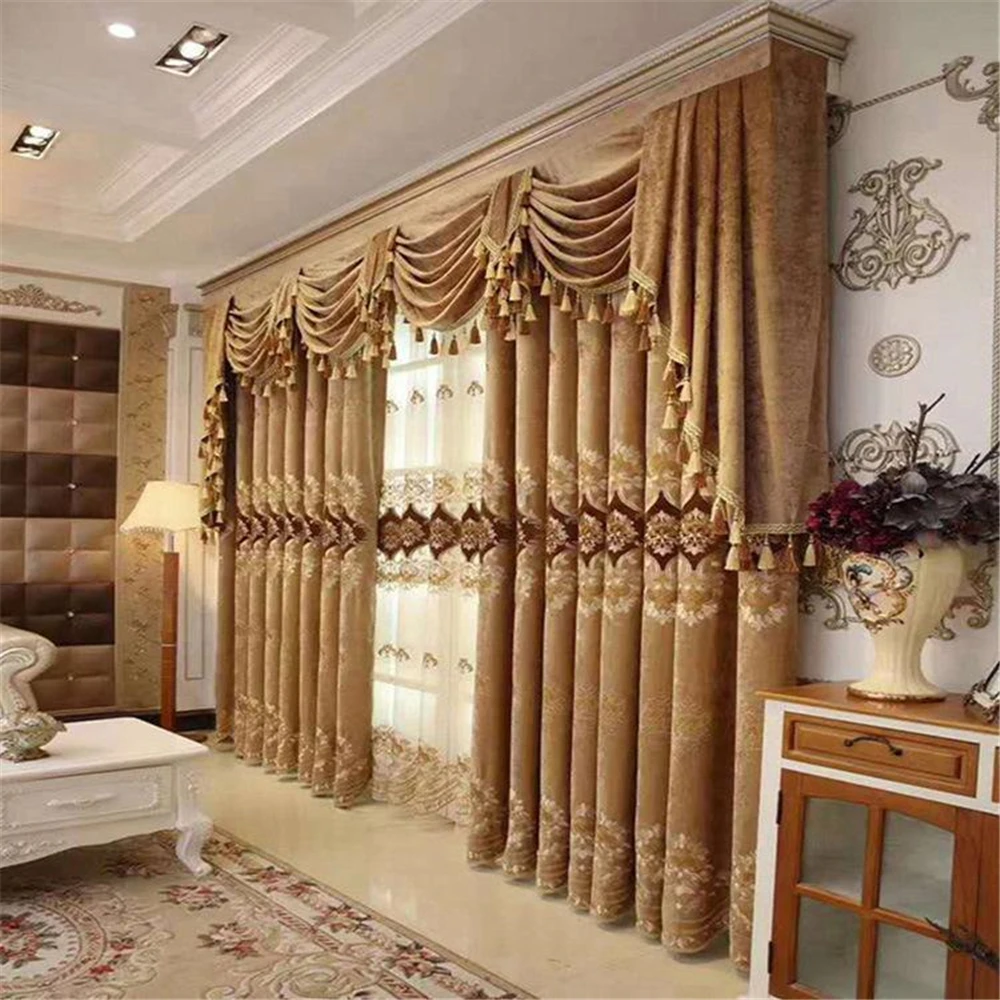 European Gold Luxury Embroidered Hollow Jacquard Blackout Curtains for Living Dining room Bedroom Valance Tulle Customization