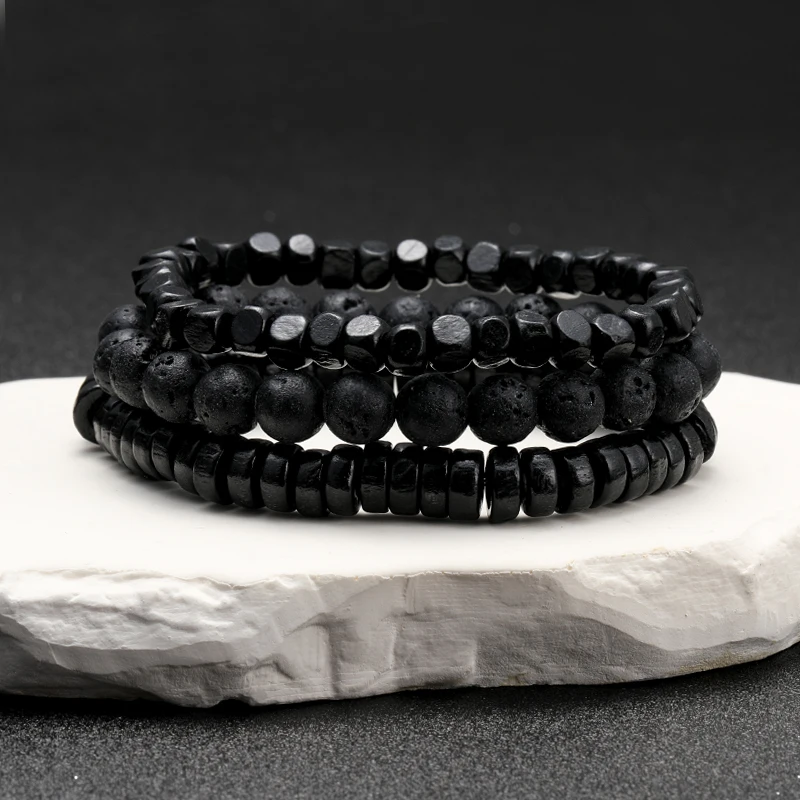 Hematite Volcanic Stone Wood Beads Charm Men's Combo Set Elastic Bracelet Multi-layered Couple Friends Gifts Jewelry