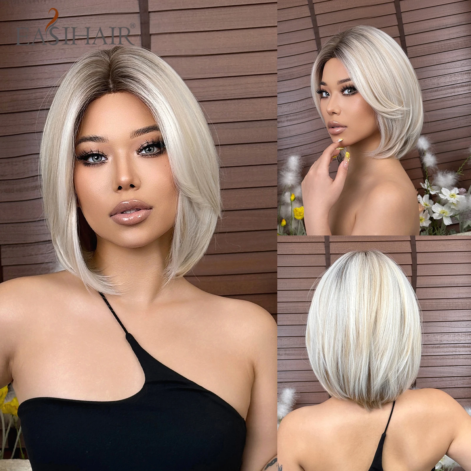 

EASIHAIR Brown Blonde Highlights Bob Synthetic Wigs for Women Short Straight Middle Part Wigs Daily Use Lolita Heat Resistant