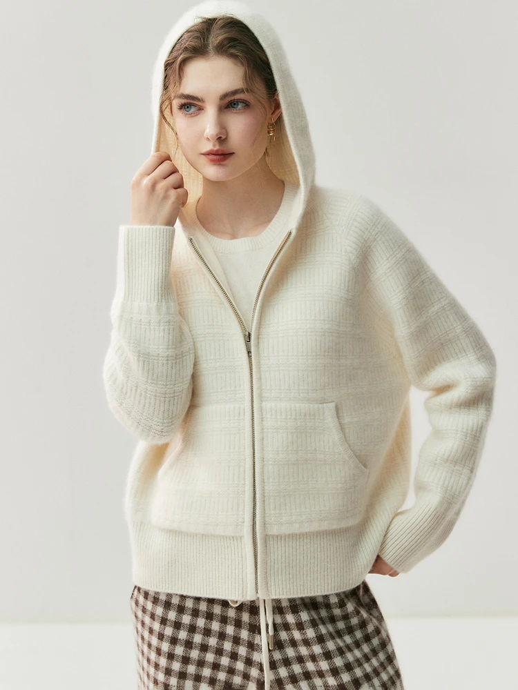 Women's 100% Pure Cashmere Cardigan Sweater High-end Soild Zipper Hooded Zipper Casual Knitted Jacket Autumn Winter Thick Warm