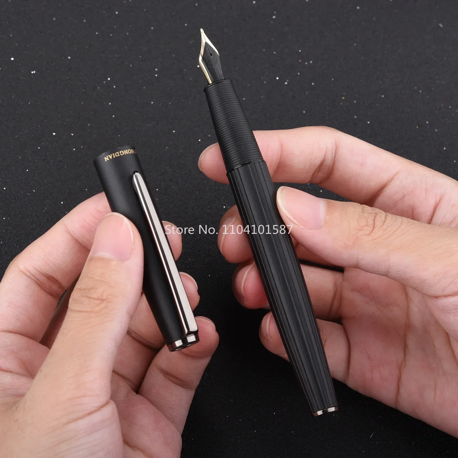 Hongdian A3 Metal Fountain Beautiful Black-golden Nib EF/F 0.4/0.5mm Size Straight Line Writing Ink Pen for Business Office