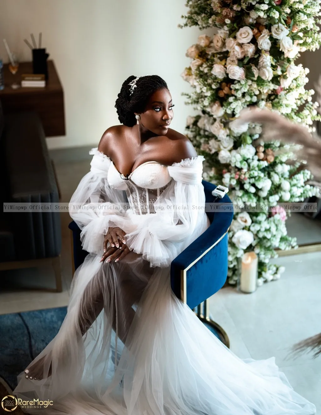 White Bride Robes for Wedding Tulle Lace Bridal Shower Dresses Off Shoulder Long Sleeve Side Split Sweep Train A Line Customized