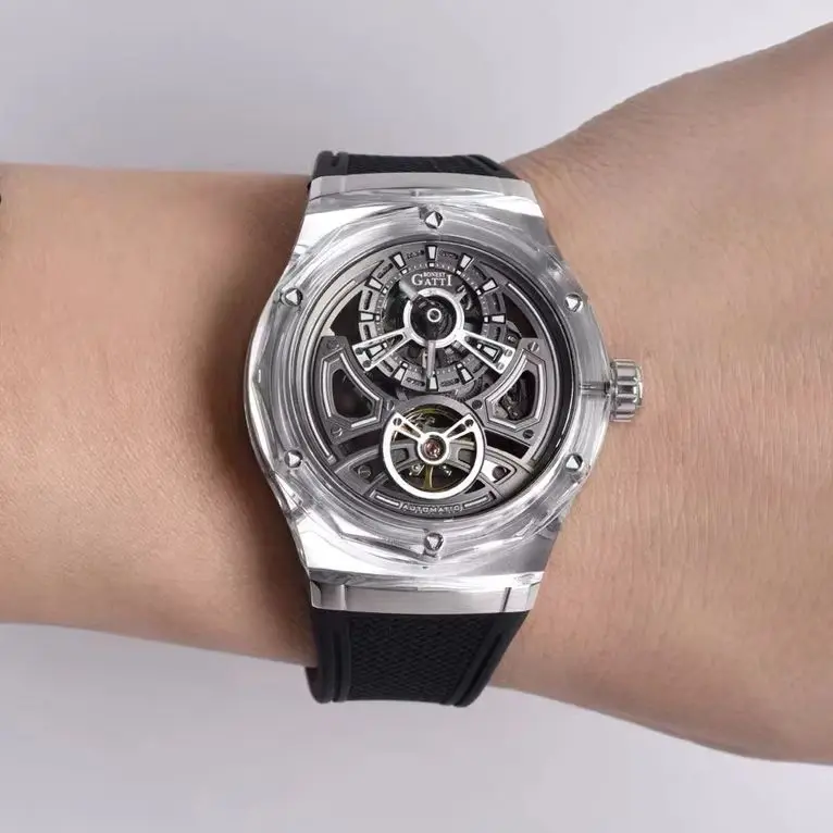 BONEST GATTI Men Automatic Watch Luxury 45mm Mechanical Wristwatch Acrylic Case Sapphire Mirror Luminous Skeleton Dial FKM Strap