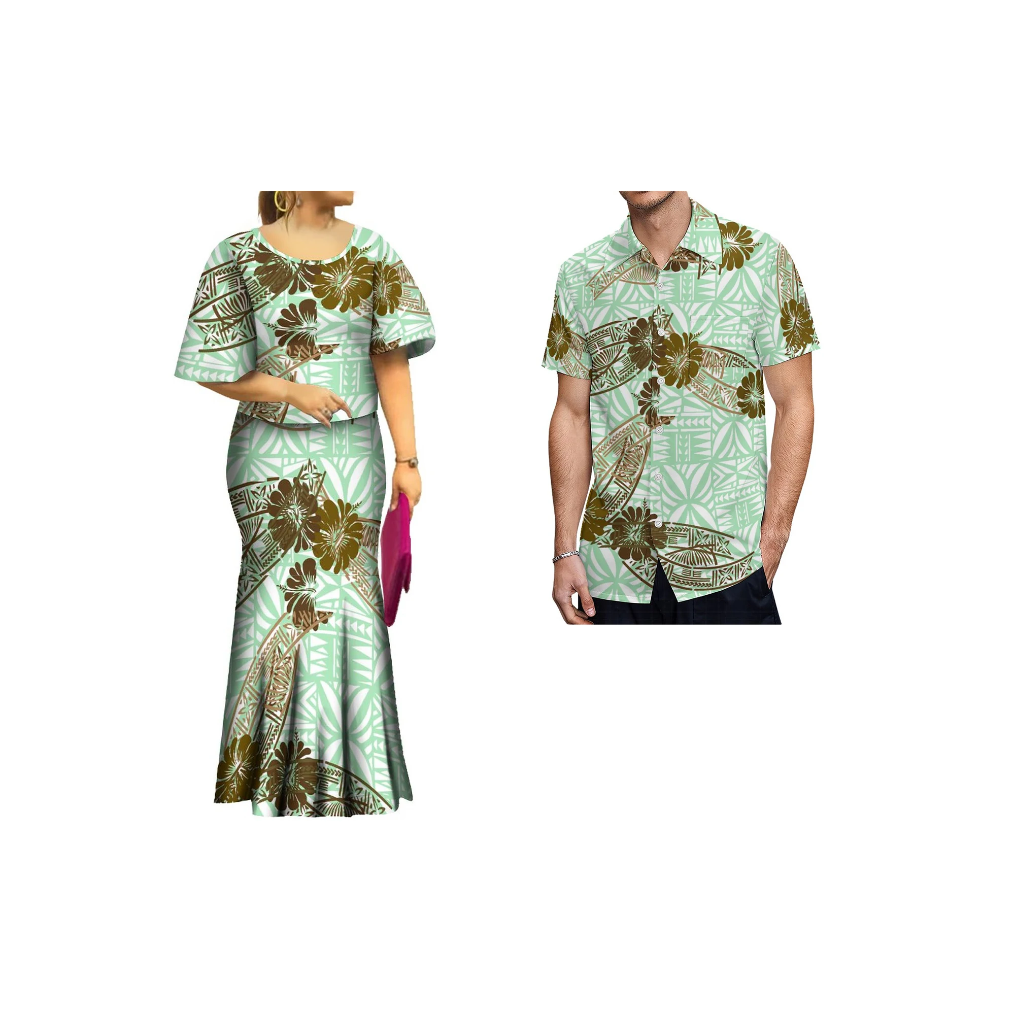 2023 New Style Samoan Puletasi Polynesian Tribal Dress Bat Sleeve Tops Long Fishtail Skirt Set Match Mens Shirts