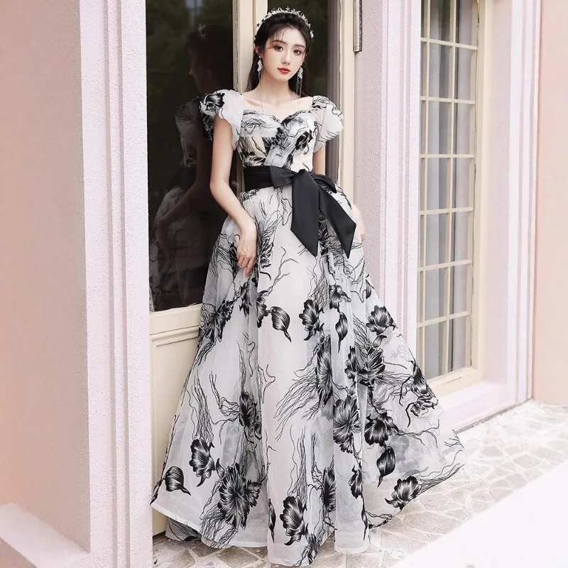 قبالة الكتف فقاعة كم مأدبة اللباس الرجعية الحبر اللوحة تنورة طويلة فستان الأميرة الأخوات حزب اللباس مزاجه أنيقة