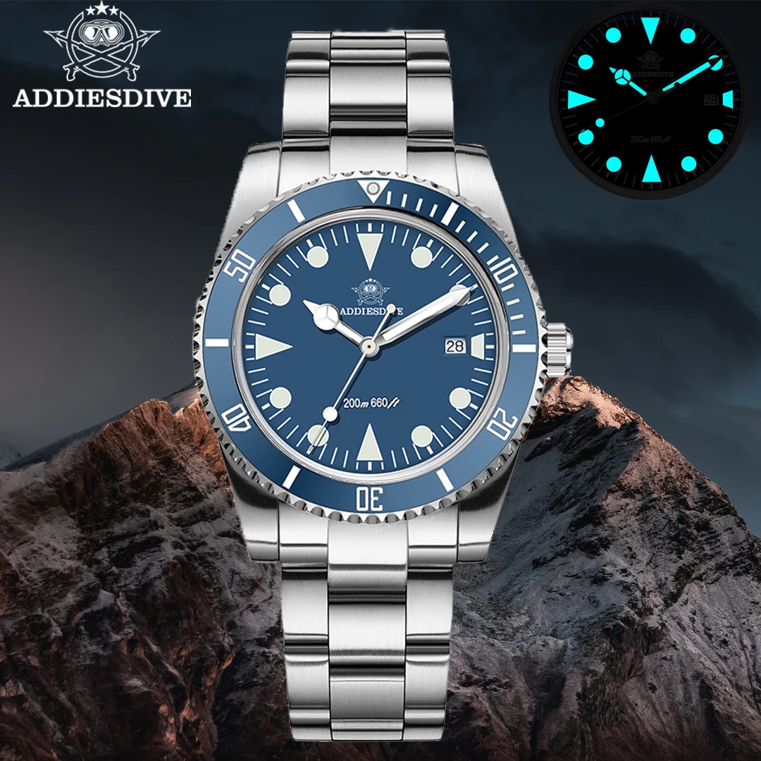 

ADDIESDIVE AD2068 39mm Men Sport Watch Ceramic Bezel BGW9 Blue Luminous 20Bar Diving Date 316L Stainless Steel Quartz Watches