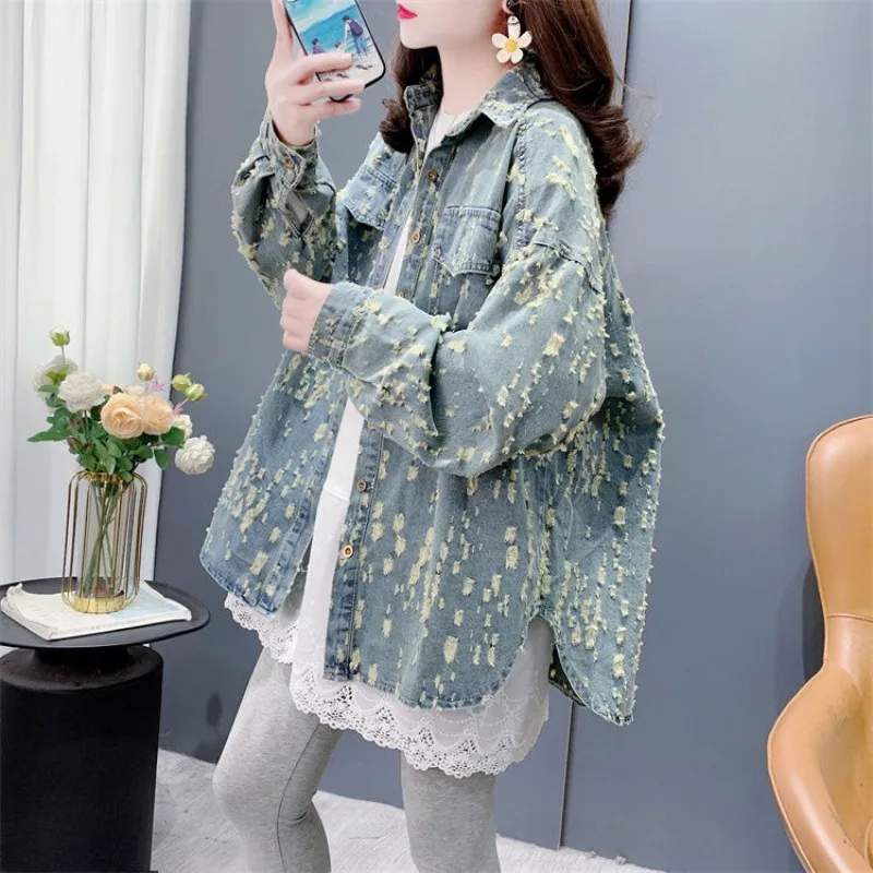 

Female Autumn Spring Coat Tops Cowboy Shirt Retro Hole Simple Loose Comfortable Leisure Fashion New Soft Minority Versatile Thin