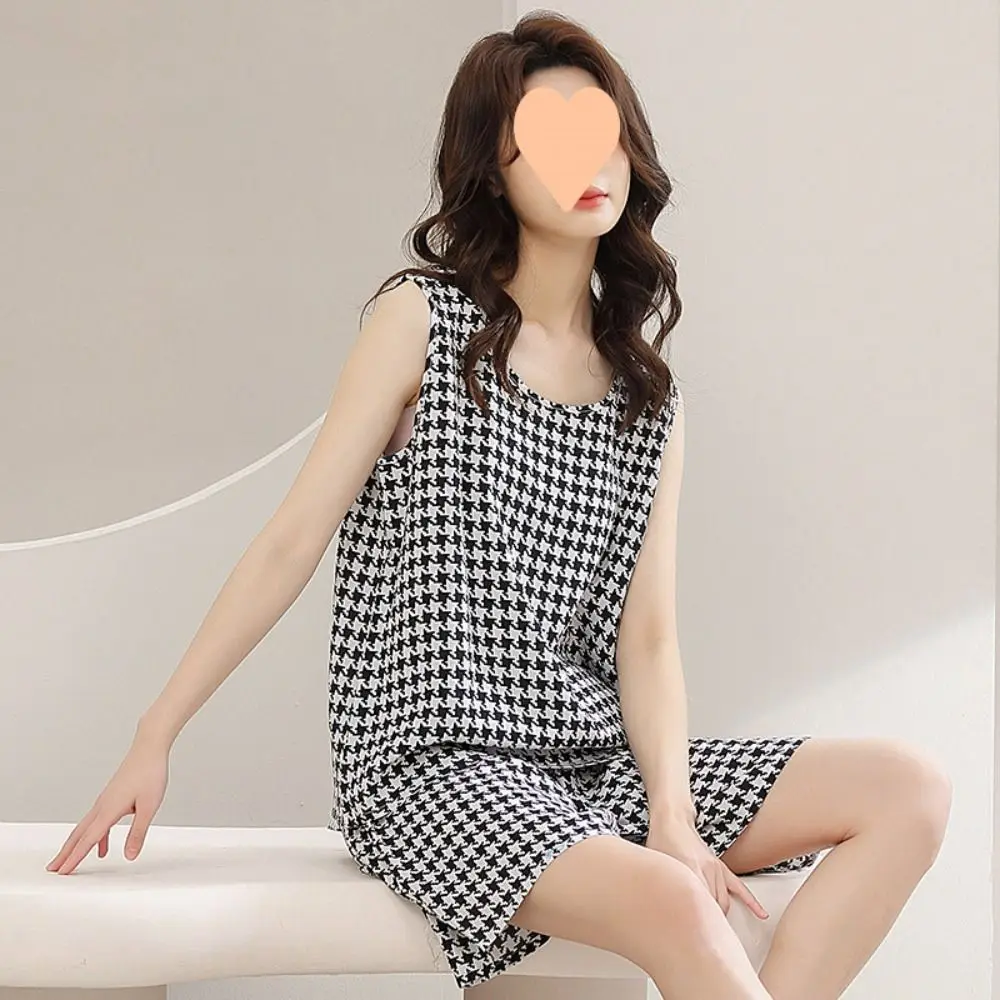 

Casual Cute Woman's Pajamas Set Cotton Silk Floral Printed Floral Sleepwear Sweet Loose Sleeveless Pajamas Spring Summer