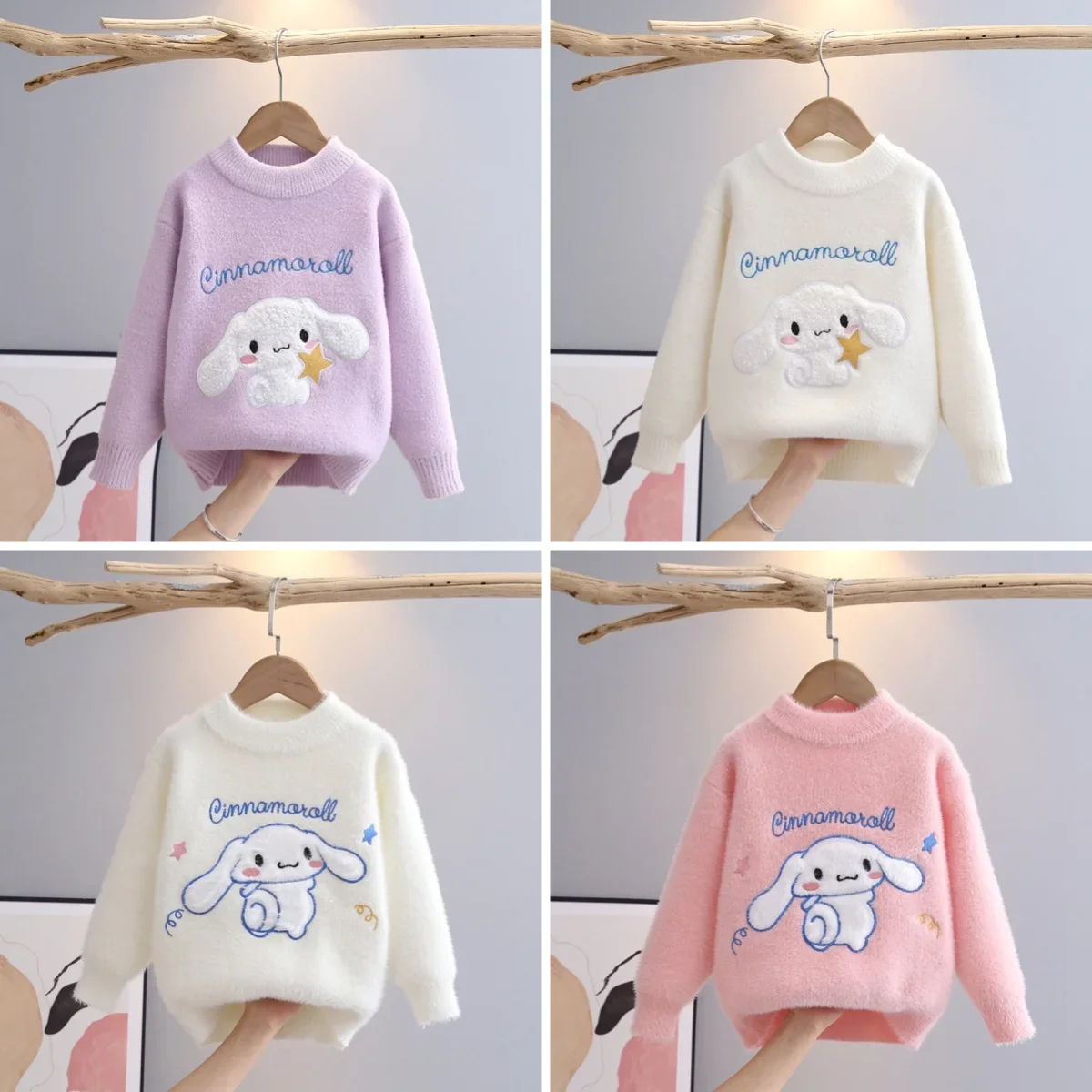 Girls Sanrios Anime Kawaii Cinnamoroll Winter Cartoon Pullover Loose Knitted Top Imitation Mink Fleece Long Sleeved Sweater