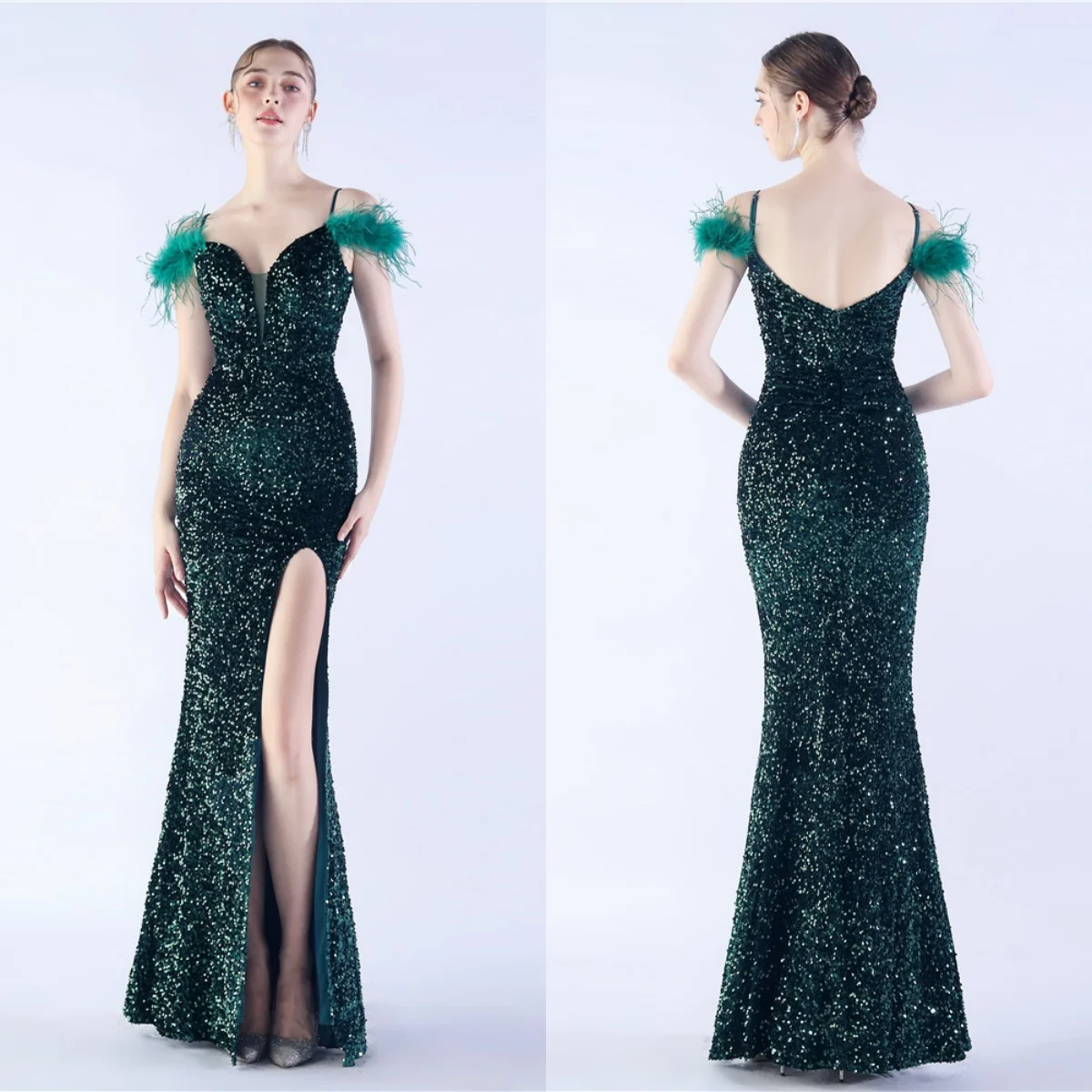 

Evening Dress Green Sequins Stretchy Spaghetti Straps Feather Zipper Back Mermaid Trumpet Floor Length Women Party Formal Gowns