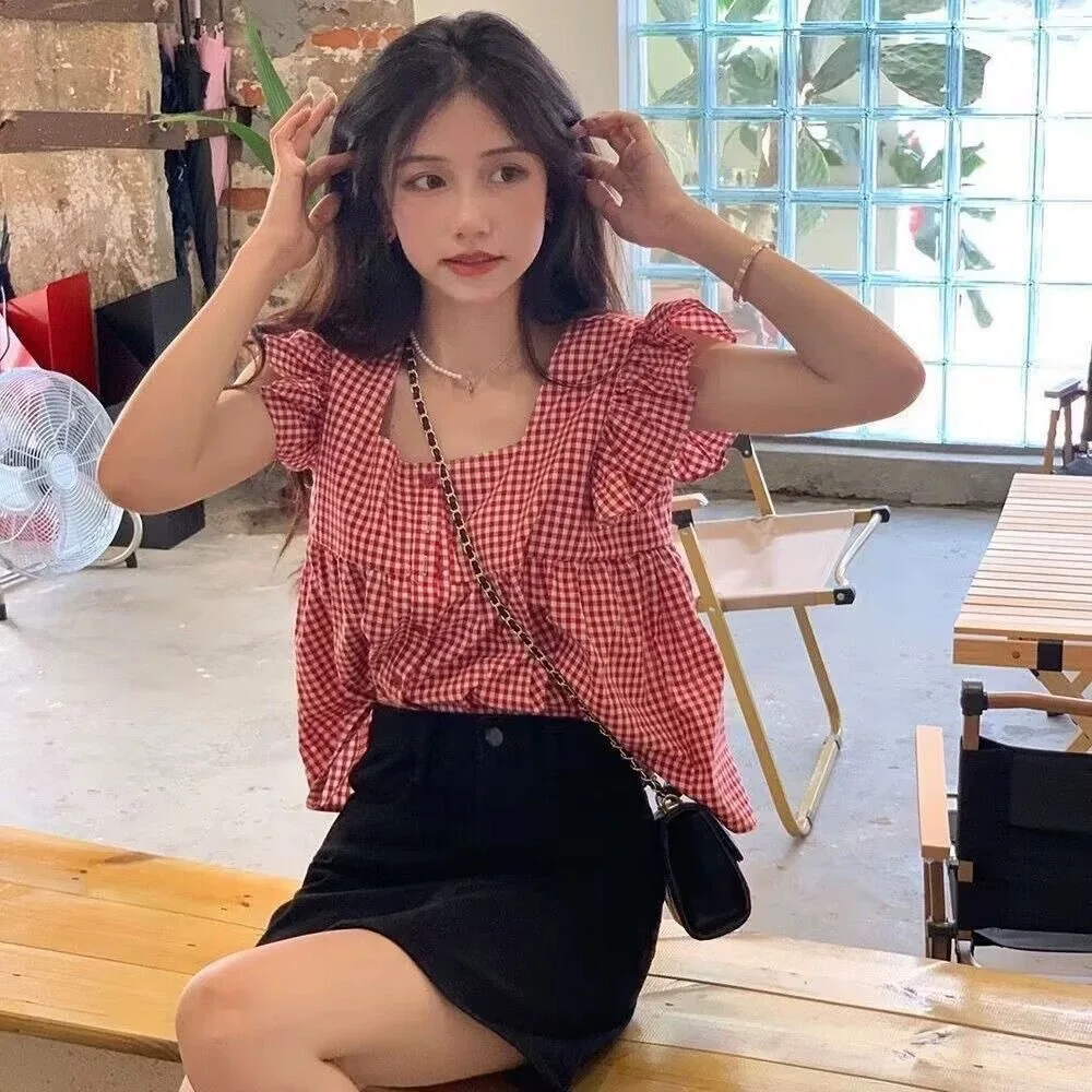 French Square-neck Shirt Women Flared Sleeves Tops Baby Doll Shirt Sweet Plaid Shirt