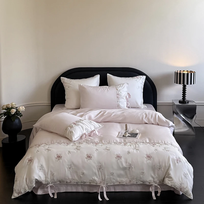 

Элегантный комплект постельного белья принцессы с цветочной вышивкой, лиоцелл, мягкий шелковистый охлаждающий пододеяльник, простыня/простыня, наволочки, 4 шт.