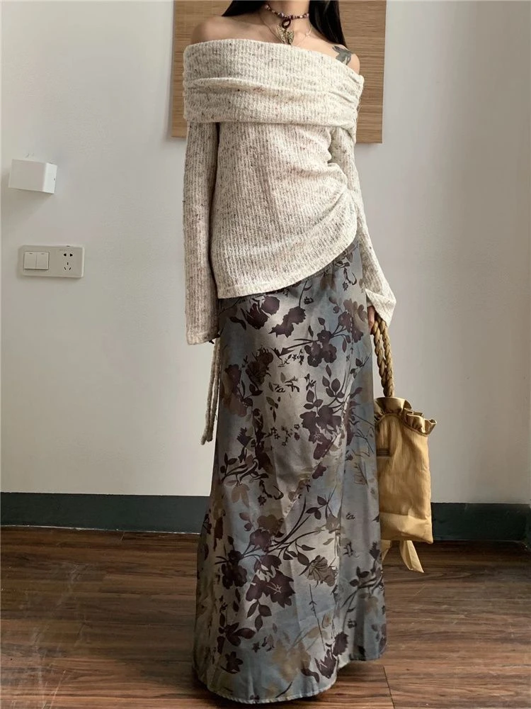 

Harajuku Slash Neck Knitted Drawstring Pullover + Vintage Printing Long Skirts Y2k Aesthetic 2 Pieces Set Autumn Sweet Outfits