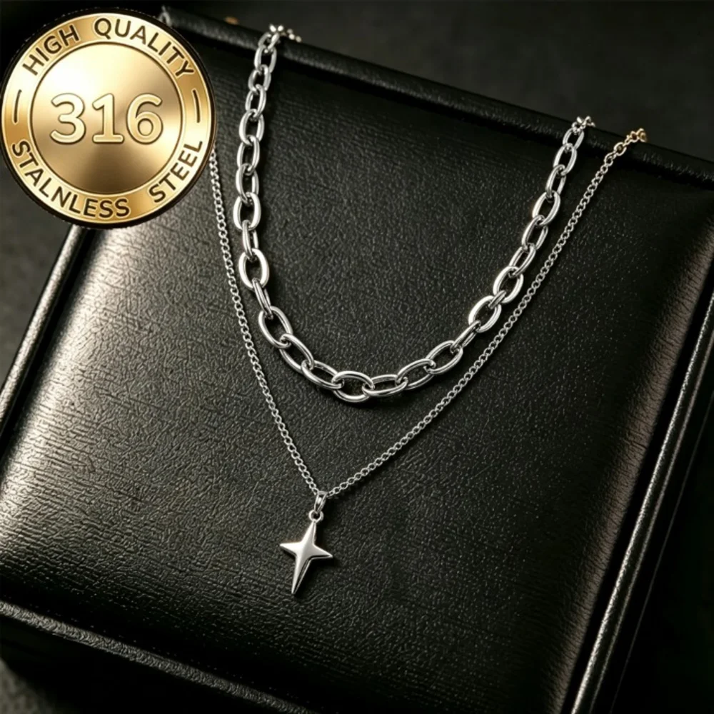 Double‑Layer Stackable 4‑Pointed Star Pendant Necklace Stainless Steel Minimalist Trendy Clavicle Chain Unisex Jewelry
