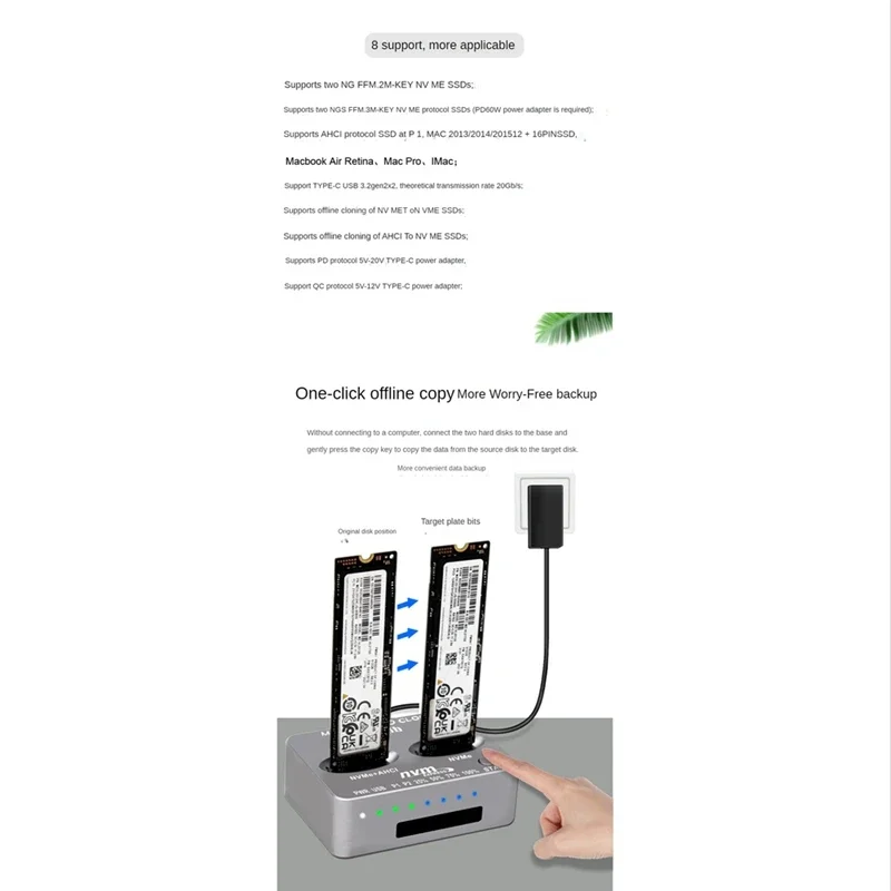 USB3.2 Gen2 Type C Dual-Bay M.2 NVME SSD Clone Docking Station for High-Speed Data Transfer and Backup