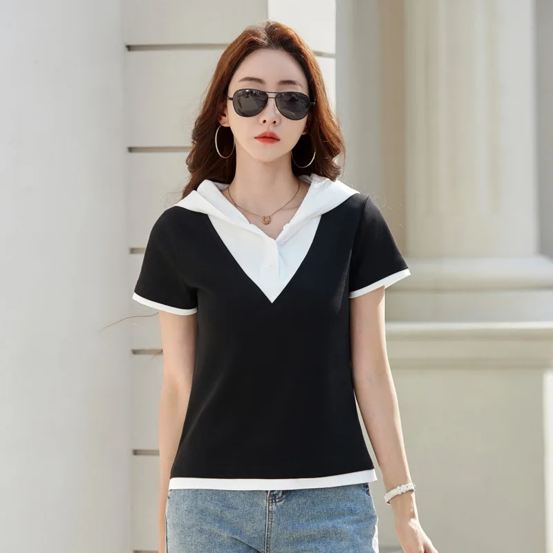 # 0298 Falsches Zweiteiliges Kapuzen-T-Shirt für Damen mit Knöpfen, Schlankes Kurzarm-T-Shirt aus Baumwolle in Schwarz, Blau, Grau, Kurzes T-Shirt für Frauen, Sommer