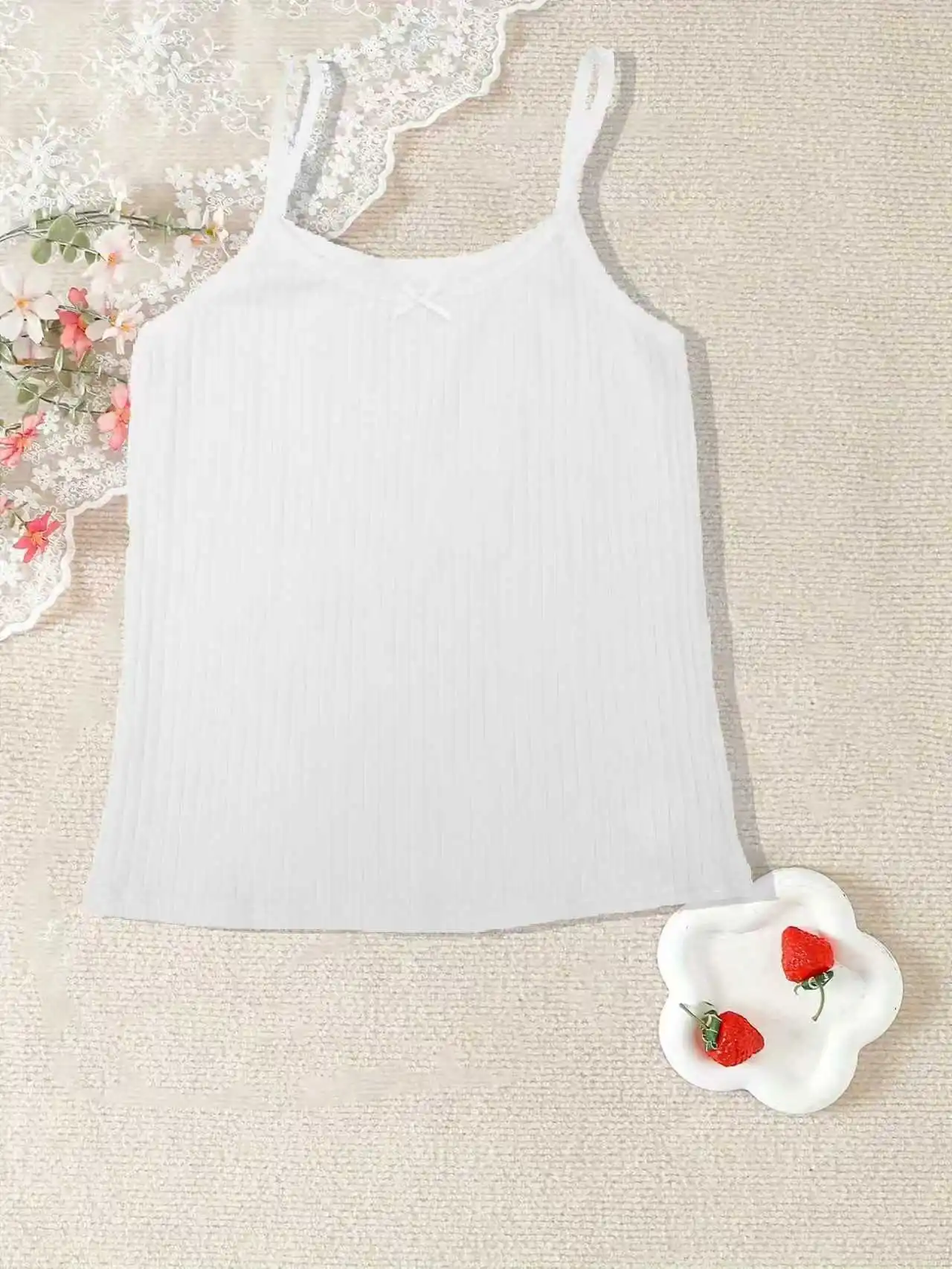 Girls' White Ribbed Tank Top with Floral Design, Casual Outerwear 3-Piece Set, Camisole Underwear