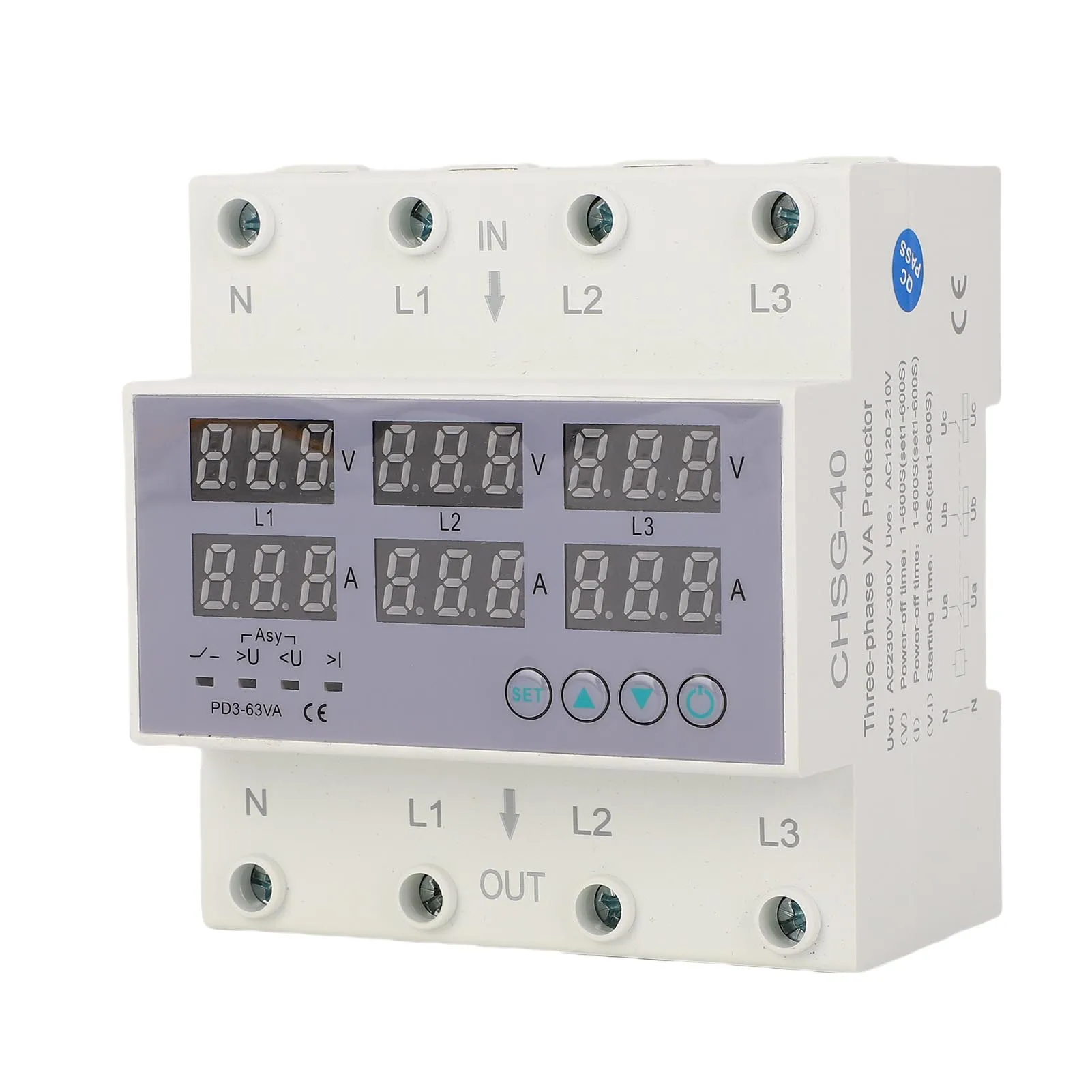 

Трехфазный вольтметр и амперметр на DIN-рейку с регулируемой защитой от перенапряжения и пониженного напряжения, 230-300В переменного тока, 40А/63А