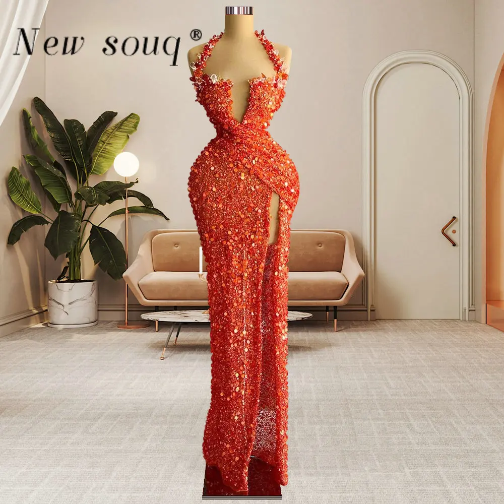 เซ็กซี่สูง Halter Long Mermaid Evening Dresses 2023 Sparkly Sequins ลูกปัดวันเกิดชุดแต่งงาน Vestidos De Gala