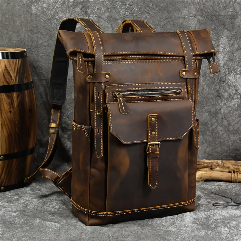 Retro men's simple fashion with leather crazy horse leather multi-functional large capacity notebook travel student backpack