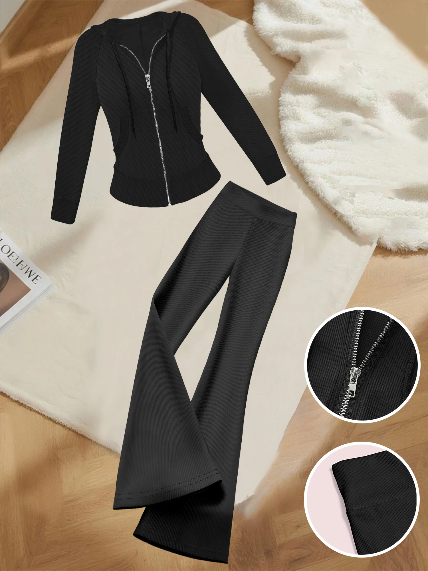 

Soft Ribbed Knit Tracksuit – Crop Hoodie & High Waist Flare Pants for Women, Stretchable Material for Full Mobility